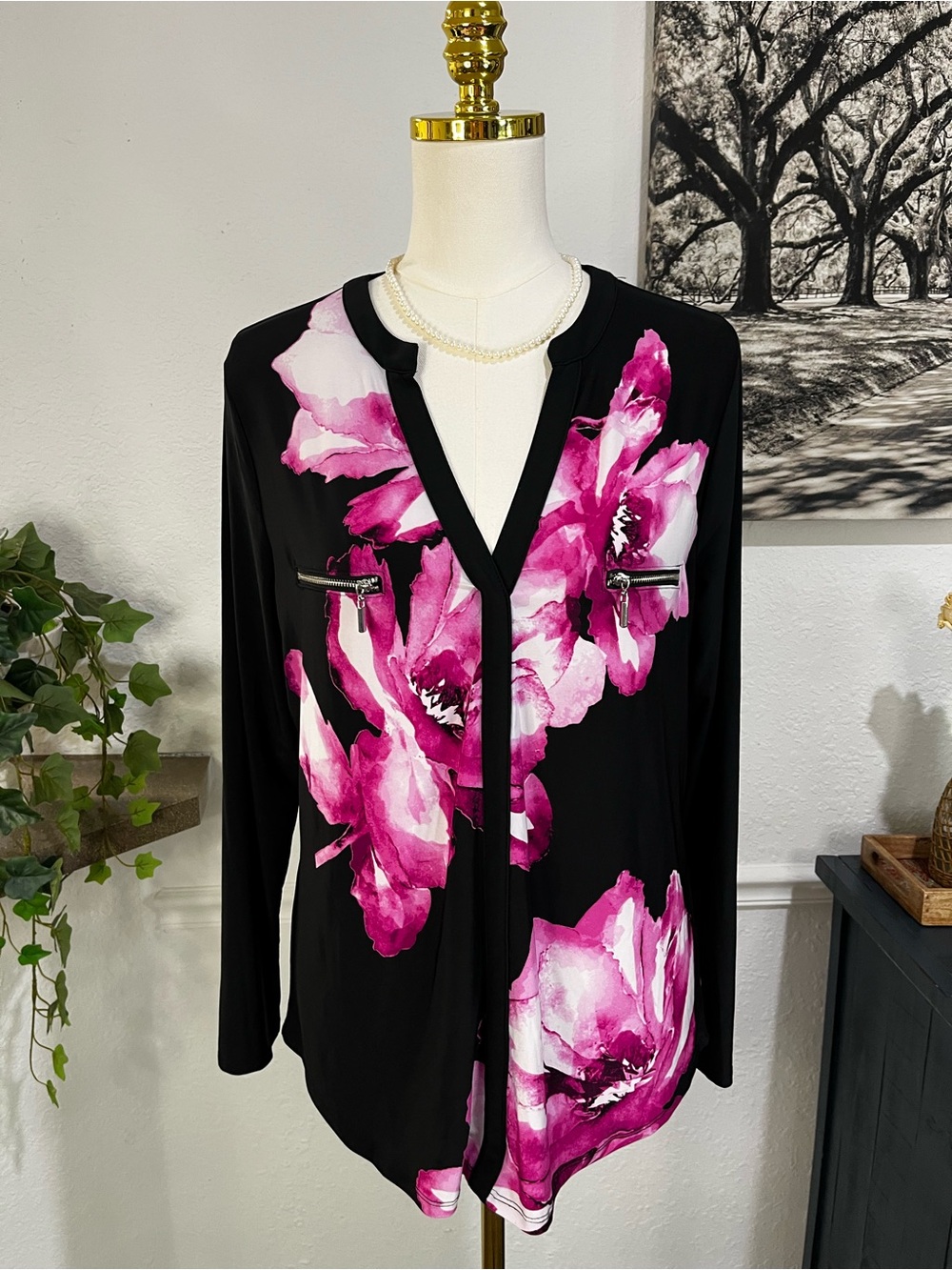 INC International Concepts Black Long Sleeve Top with Fuchsia Floral Print